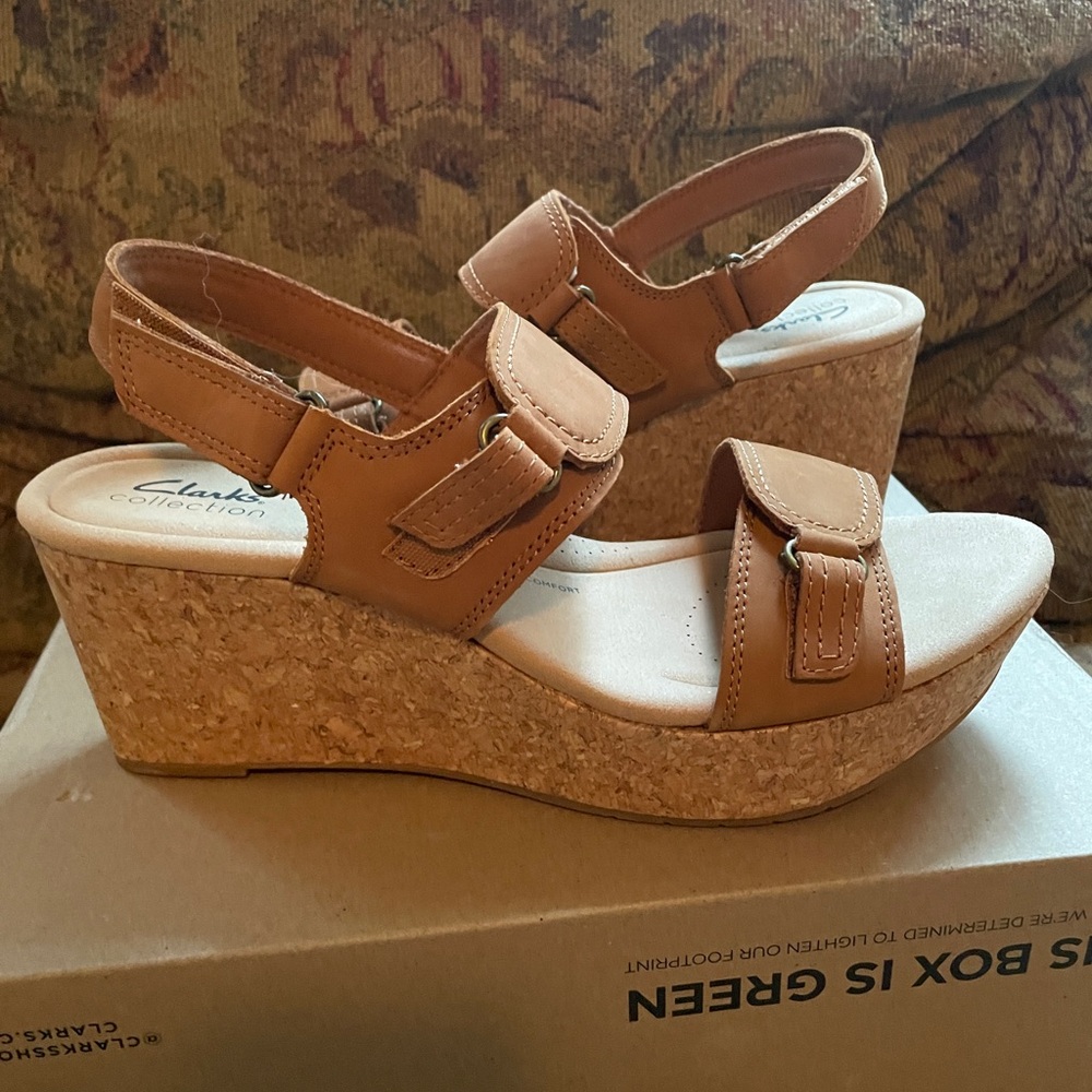 Clarks Tan Cork Wedge Sandals